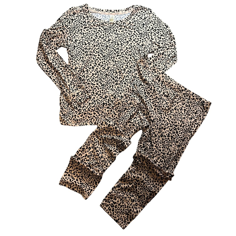 Jessica Simpson Leopard Print Pajama Set XL Long Sleeve Top Leggings Tan Black